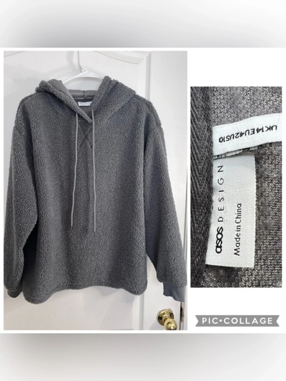 ASOS DESIGN Cozy Sherpa Hoodie in Charcoal Gray size 10